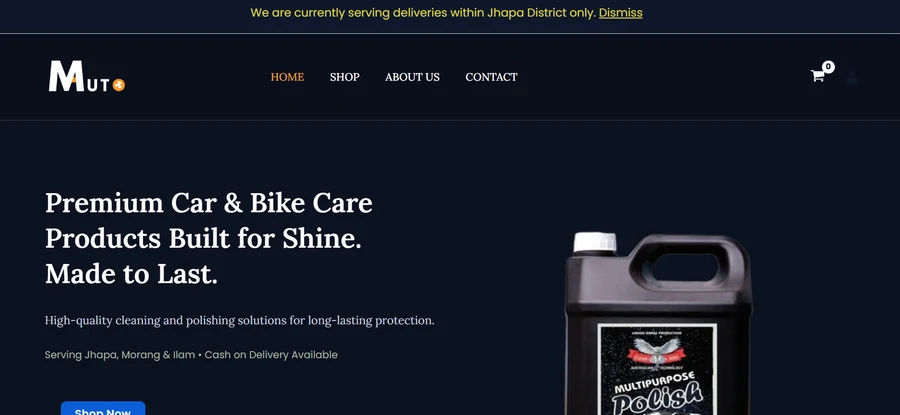 Mechi Automobile Care website homepage featuring car and bike care products.