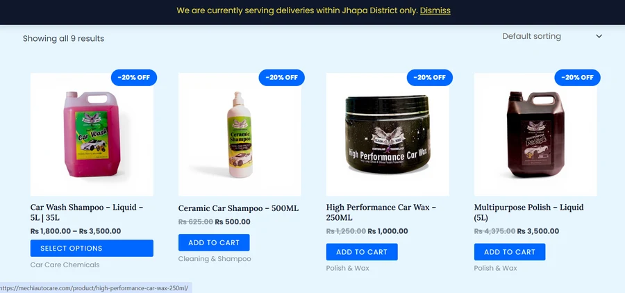 Mechi Automobile Care product shop displaying shampoo, car wax, and multipurpose polish.